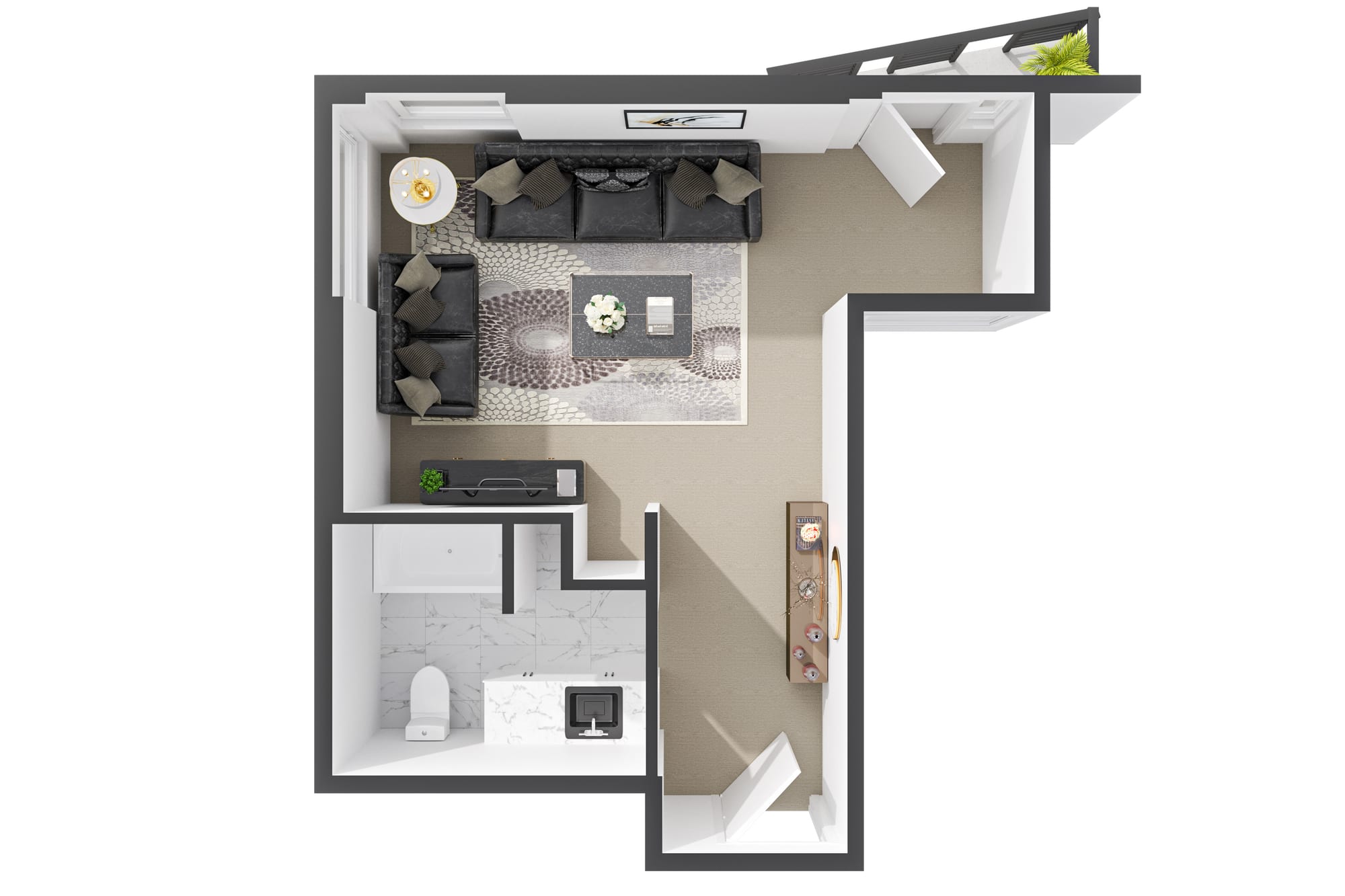 3D isometric floor plan for a two-bedroom unit